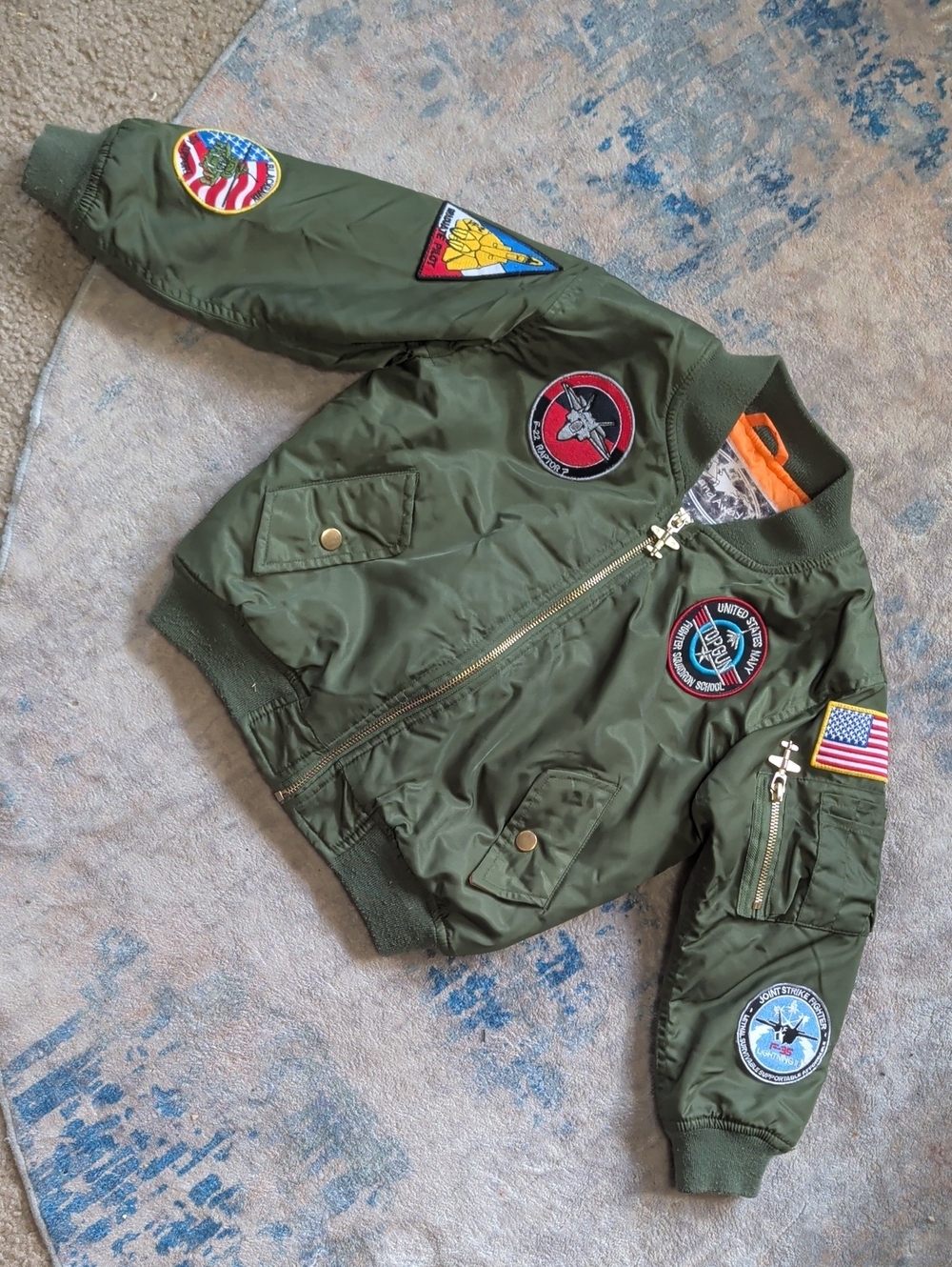 Kids Olive Green Flight Bomber Jacket with Patches Medium (6)